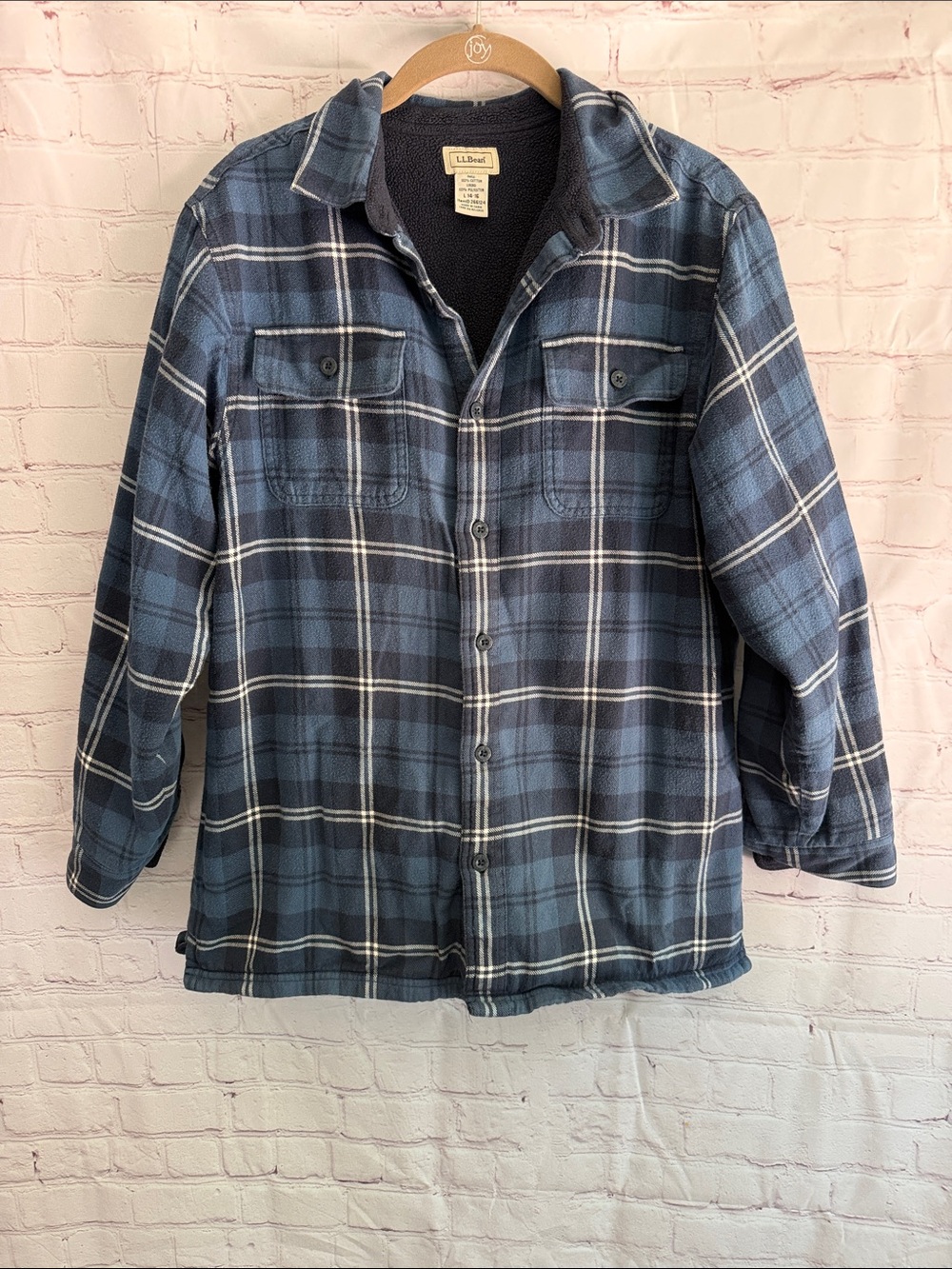 L.L. Bean Kids Boys Blue Plaid Fleece Lined Button Up Shacket Size L 14-16